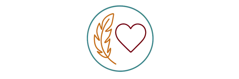 Hilfe, die gut tut Icon mit Feder, Herz und Hand – steht für Fürsorge und Herzlichkeit