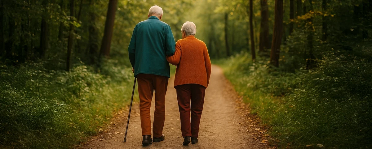 Älteres Ehepaar beim Spaziergang im Wald – Symbol für liebevolle Seniorenbegleitung Ein älteres Ehepaar geht gemeinsam auf einem Waldweg – Symbolbild für Zuwendung, Geborgenheit und Seniorenbetreuung im Alltag